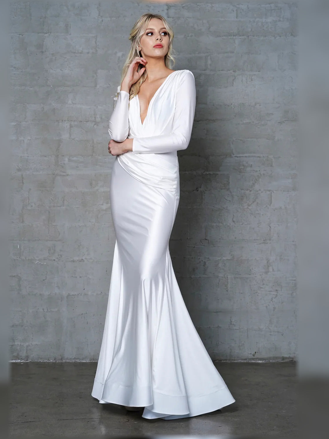 Floor-length ruched V-neck long-sleeve formal dress in white satin