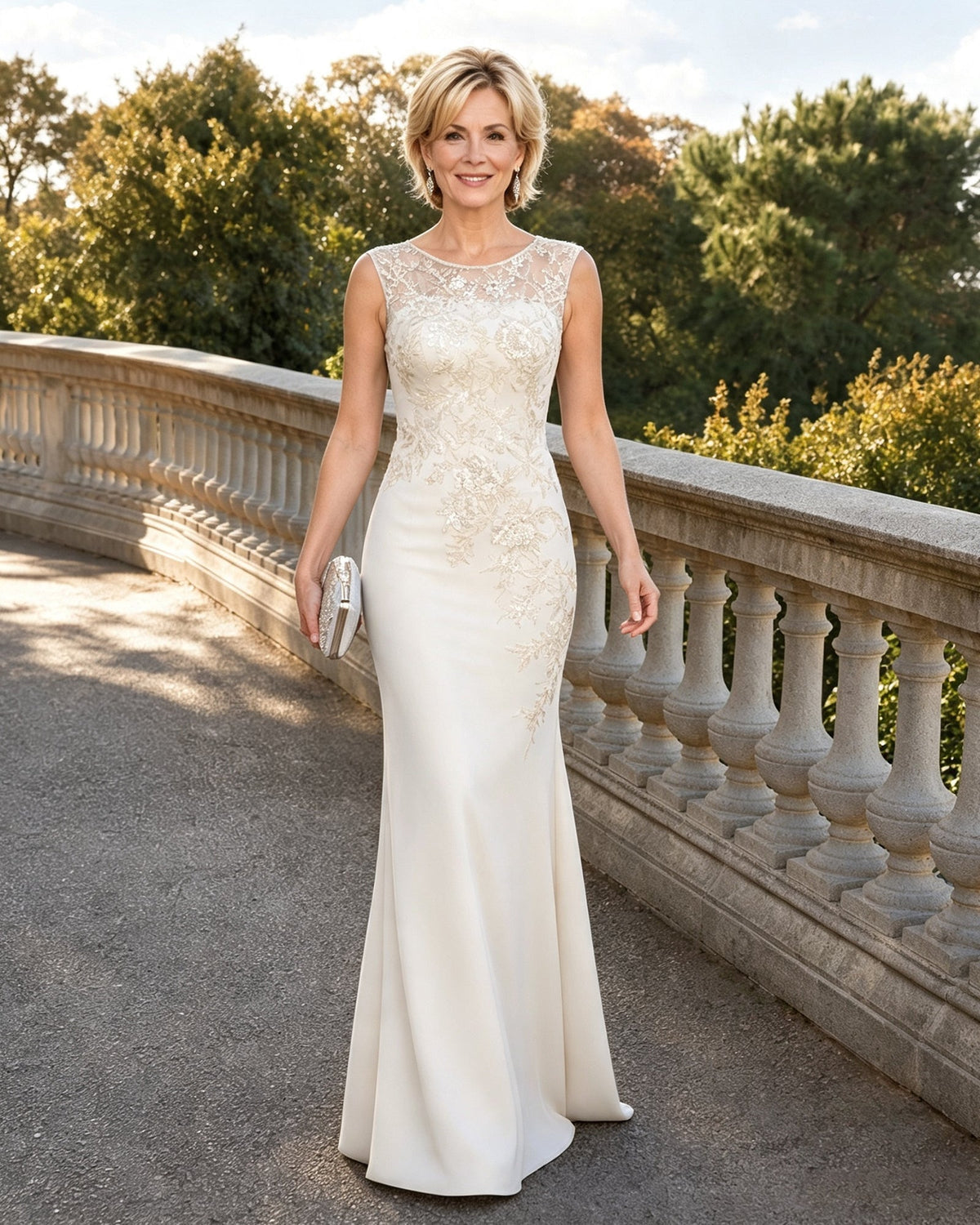 Ivory bateau neck lace applique mermaid mother of the bride dress
