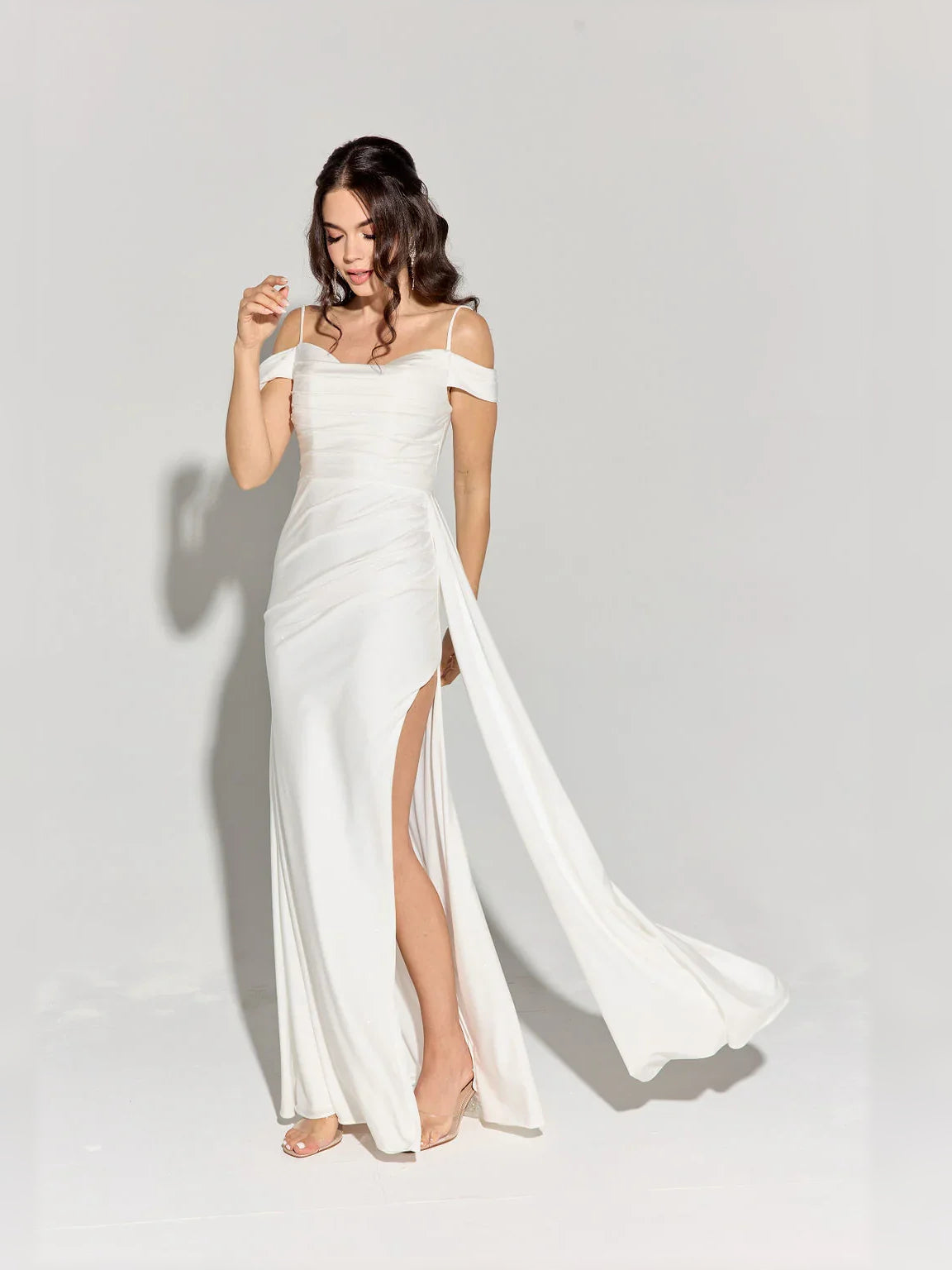 White off-the-shoulder ruching floor-length formal dress with side slit