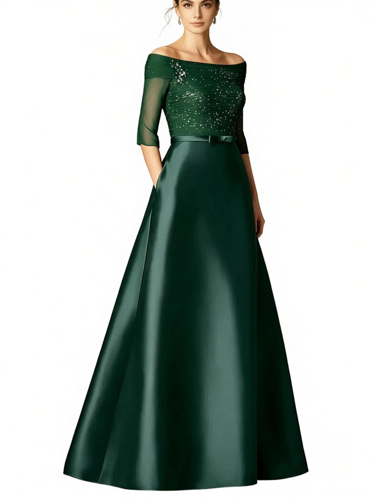 Emerald green off-shoulder satin A-line dress with jeweled bodice and 3/4 sleeves
