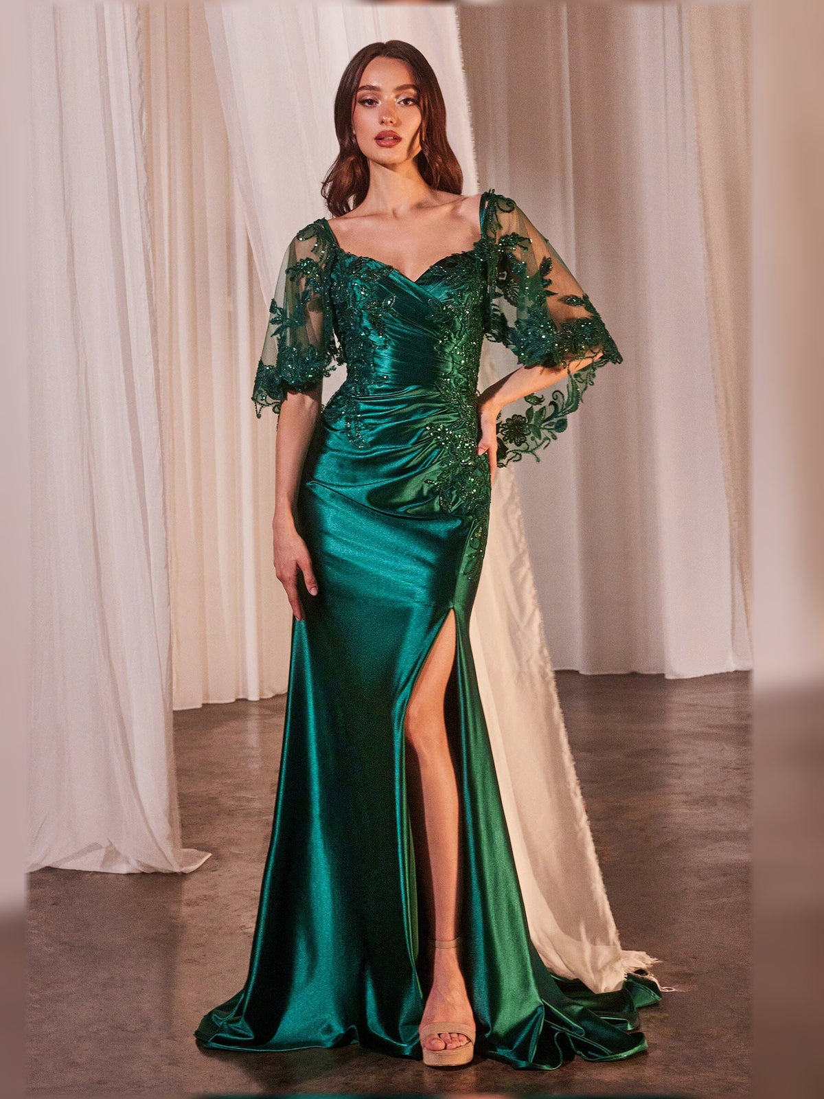 Emerald-green satin sheath dress with sweetheart neckline, ruched bodice and front slit