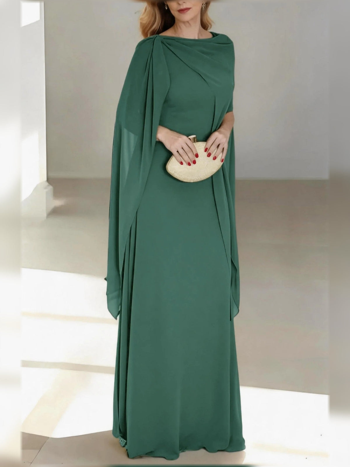 Emerald green draped V-neck A-line chiffon mother of the bride dress, floor-length