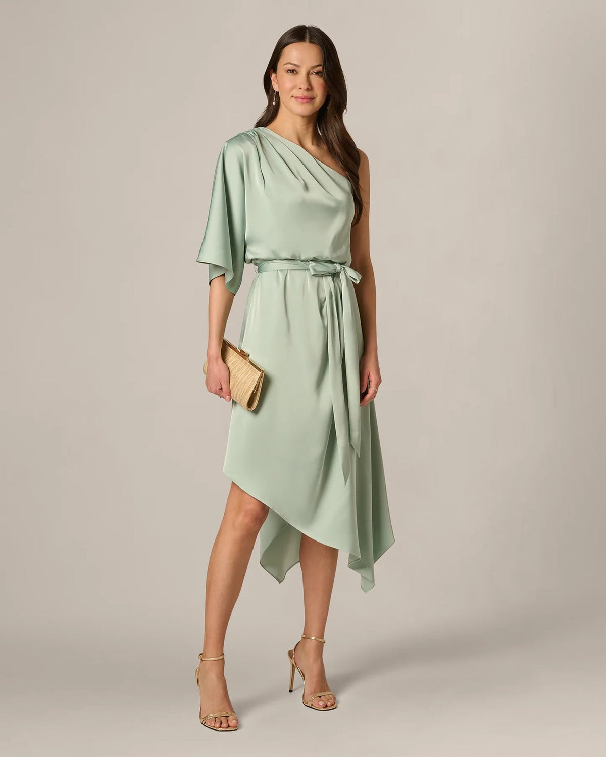 Mint green draped one-shoulder midi A-line dress with tie waist and asymmetric hem