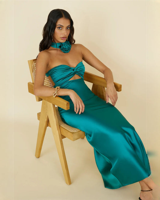 Teal satin maxi bridesmaid dress with sweetheart bow bodice and draped waist
