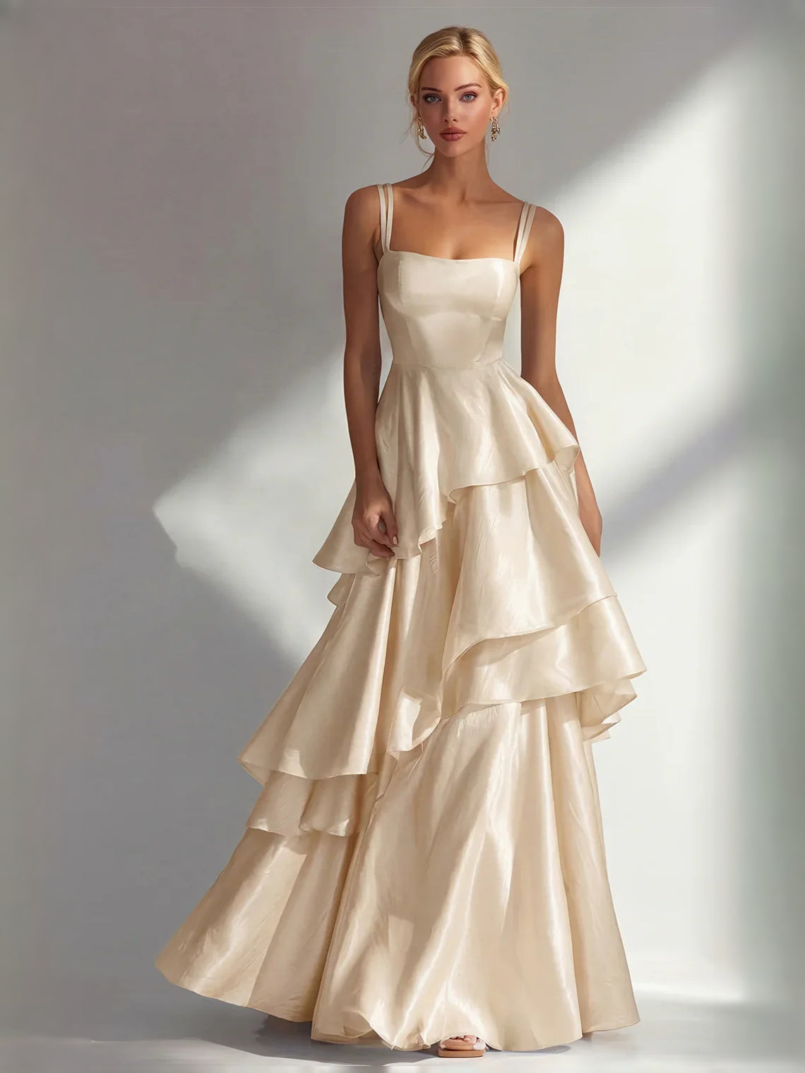 Cream satin prom dress with square neckline, spaghetti straps, tiered ruffle A-line skirt