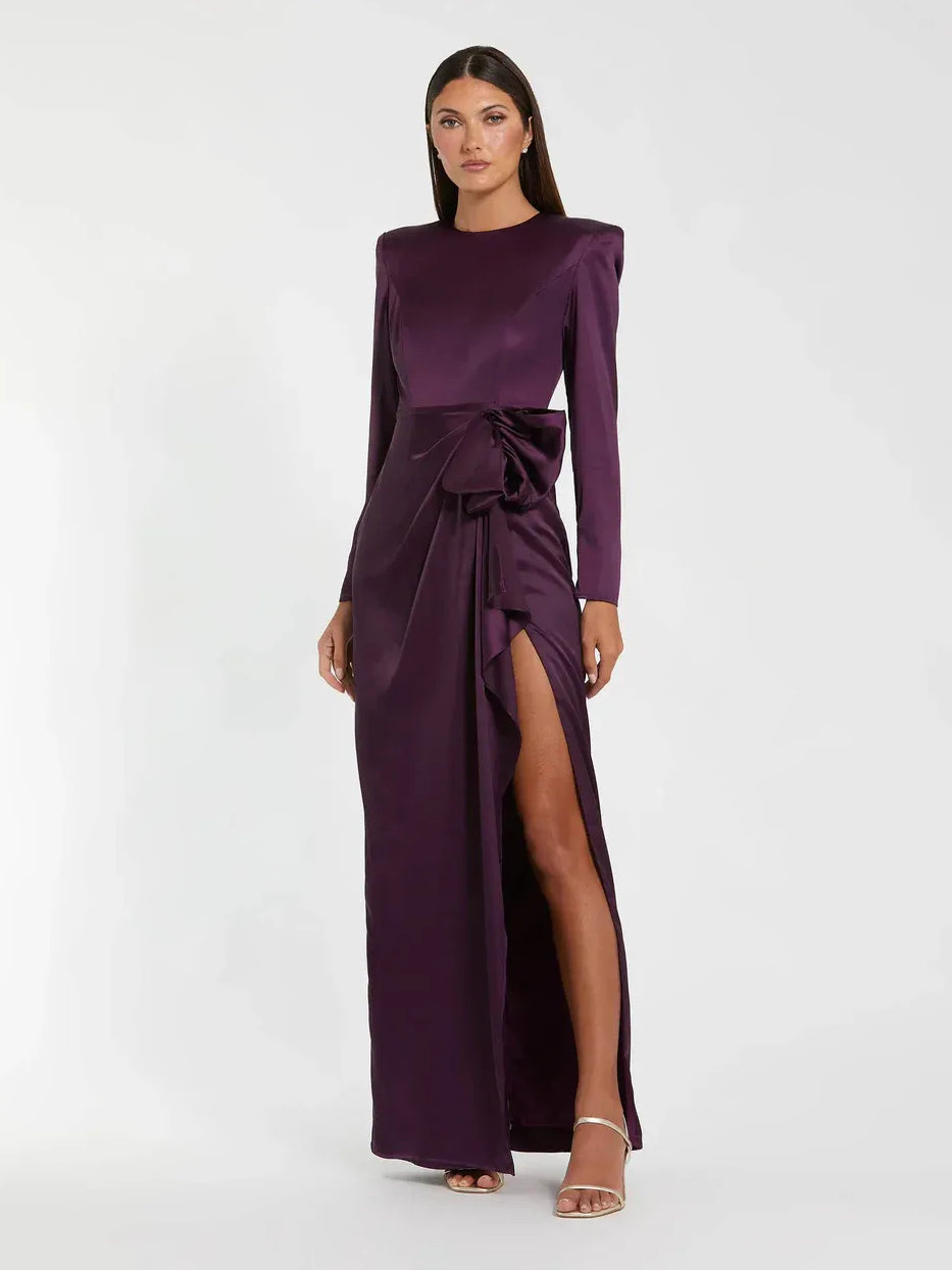 Grape purple long-sleeve sheath formal dress with front slit and gathered waist bow