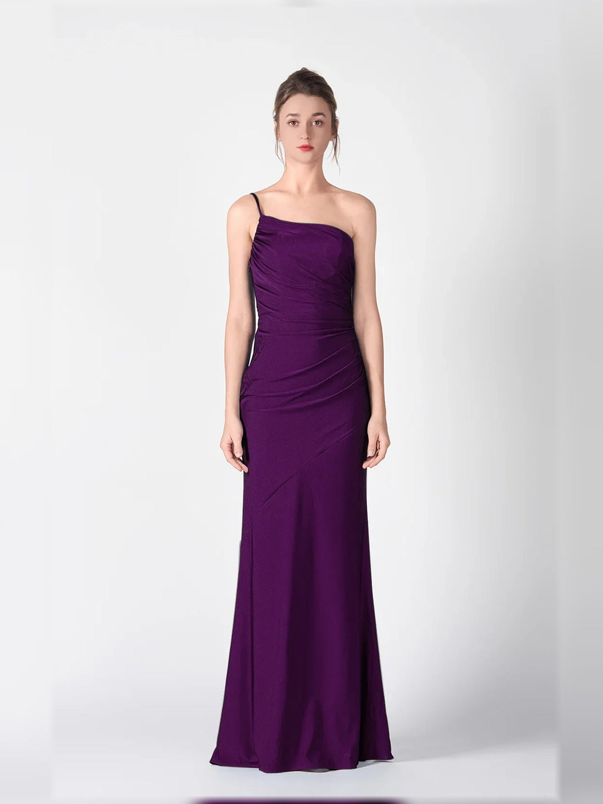 Grape purple one-shoulder ruched mermaid formal dress, floor-length