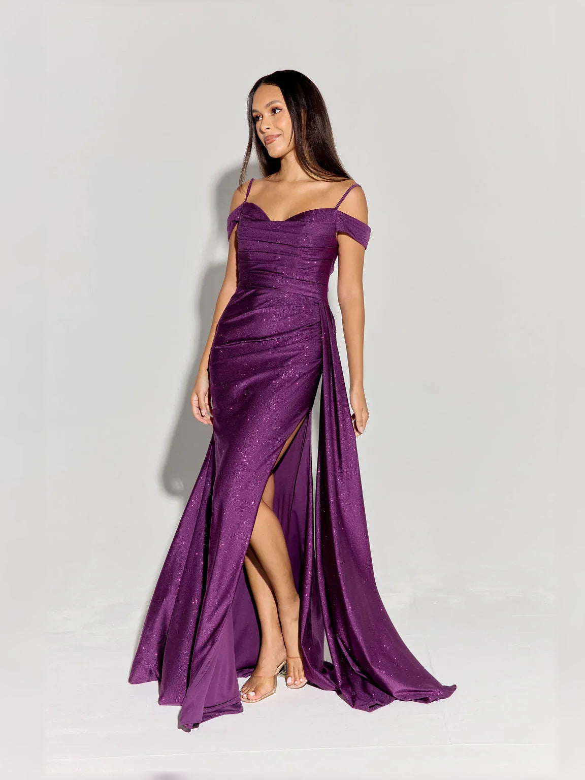 Grape off-the-shoulder ruching floor-length dress with thigh-high slit