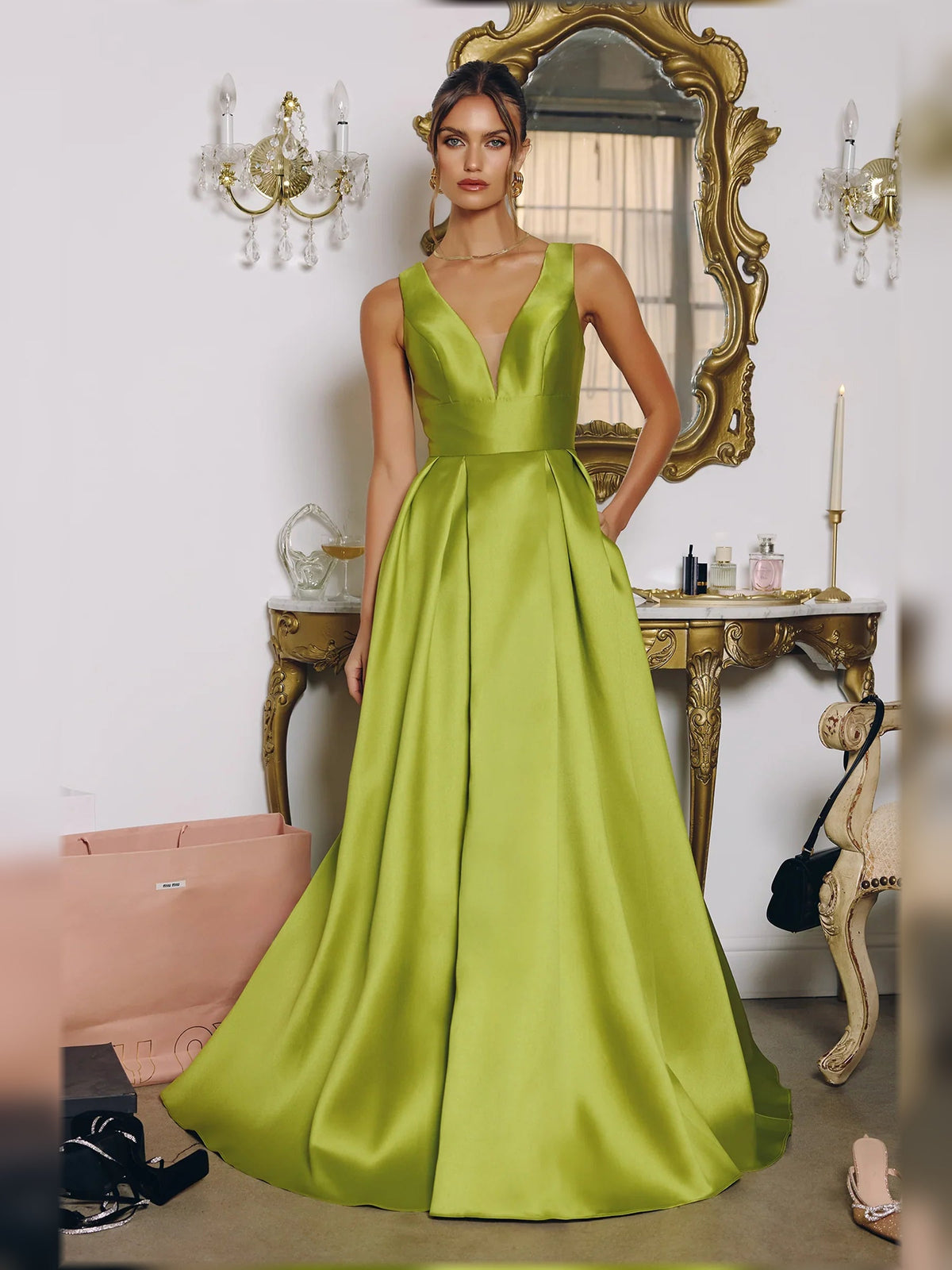 Chartreuse satin V-neck A-line floor-length formal dress with sleeveless bodice