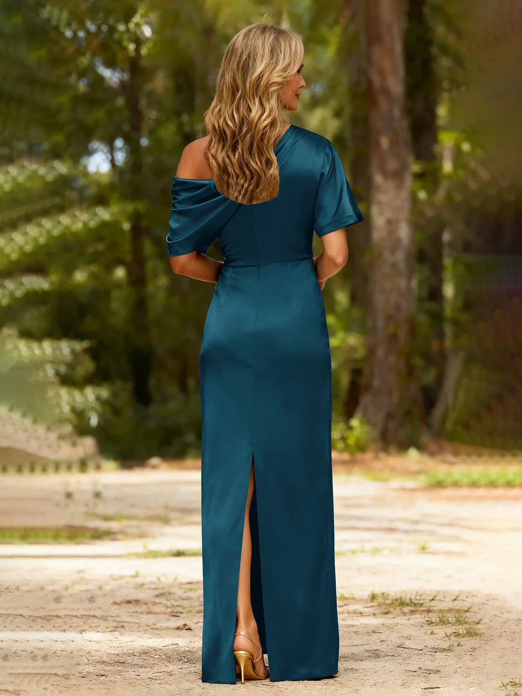 Ink blue one-shoulder satin formal dress, mermaid silhouette with thigh slit