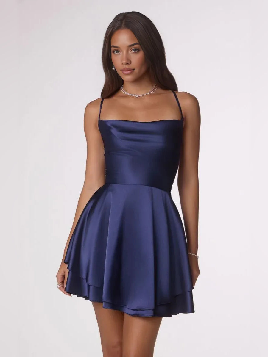 Navy satin mini homecoming dress with draped neckline and layered flared skirt