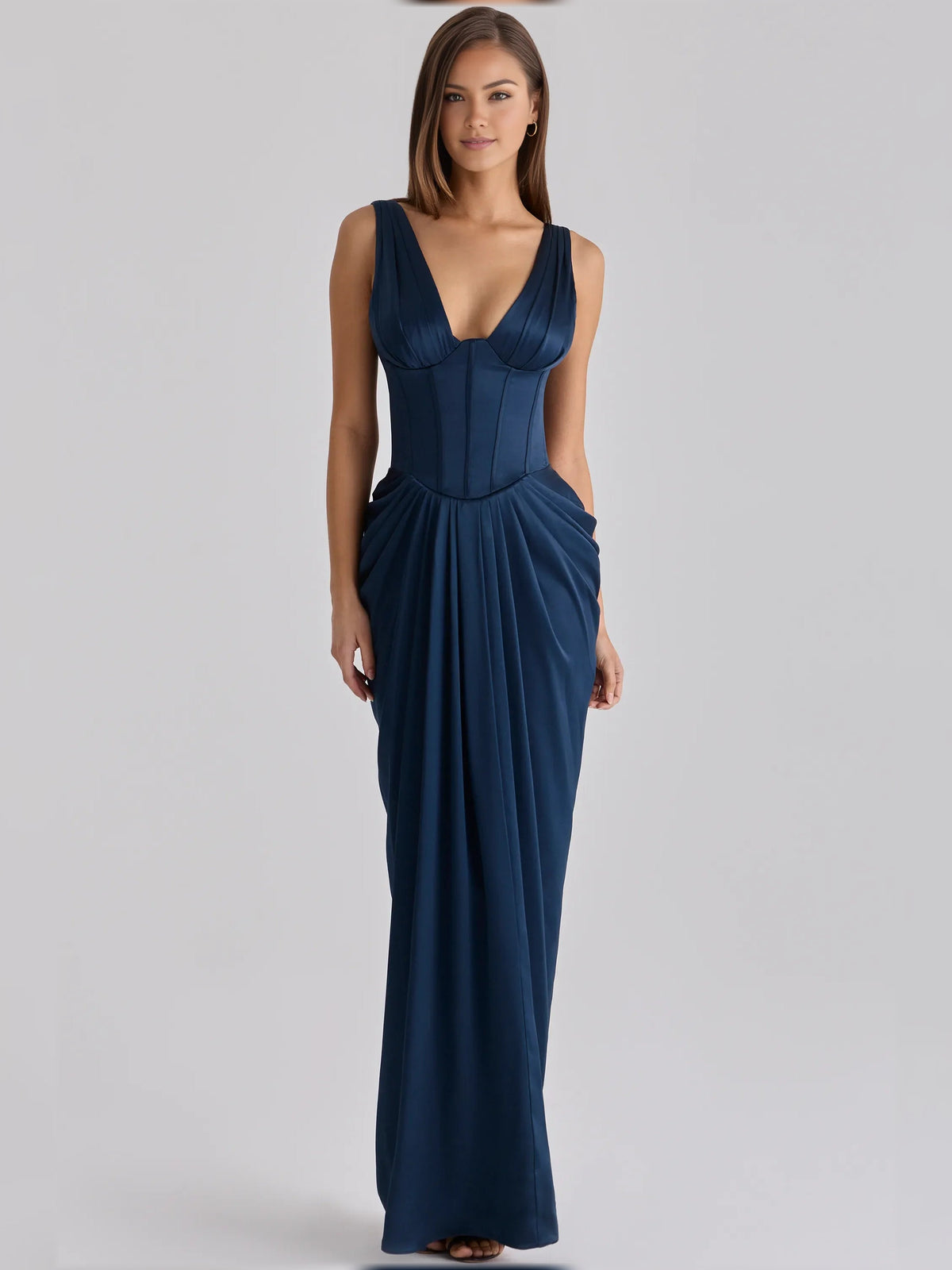 Navy blue v-neck corset pleated floor-length formal dress, fitted waist pleats