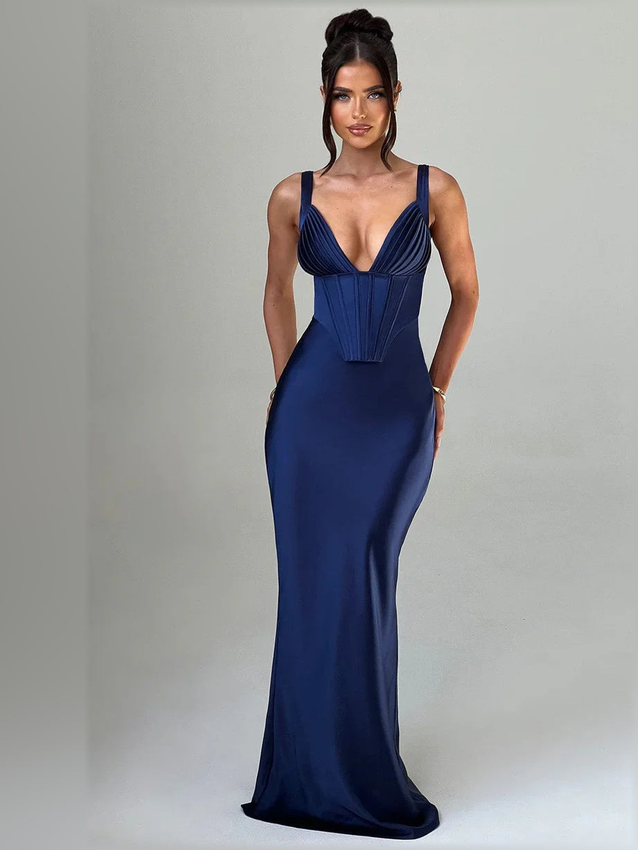 Navy blue v-neck corset mermaid formal dress with spaghetti straps and long hem
