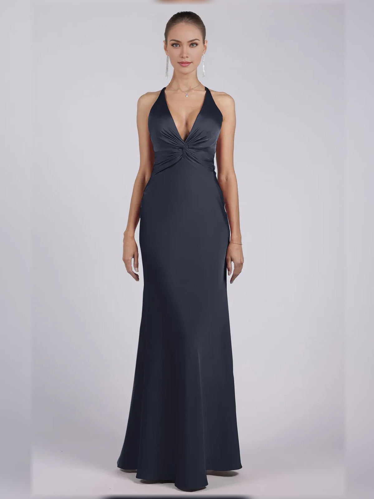 Halter-neck satin sheath formal dress, dark navy, sleeveless, floor-length
