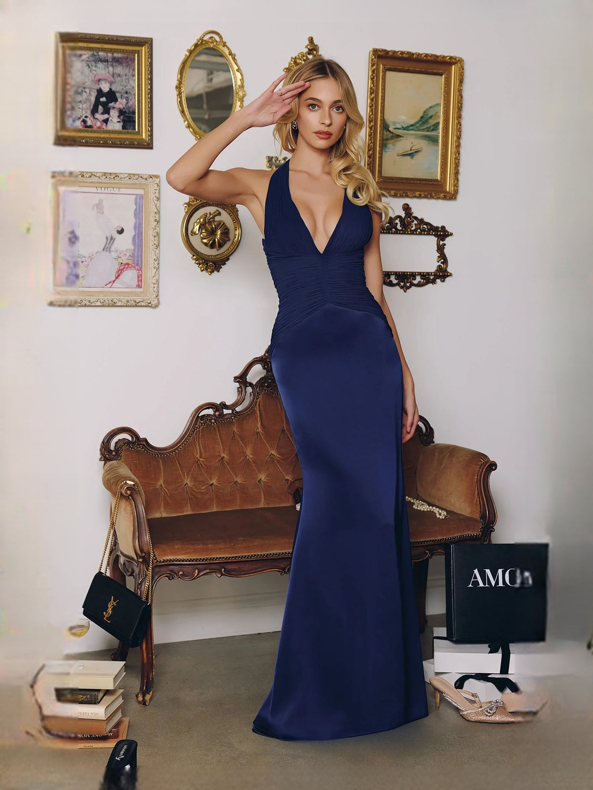 Navy blue ruched V-neck mermaid satin prom dress, floor-length