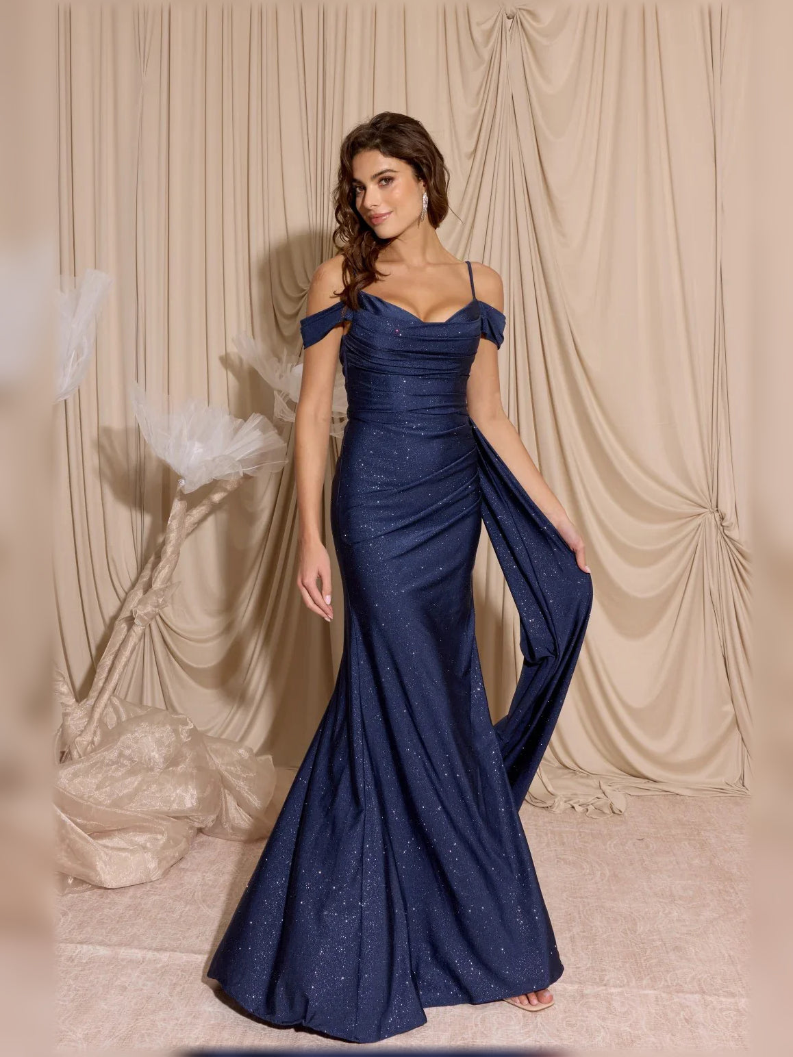 Navy blue off-the-shoulder ruching floor-length formal dress with side slit