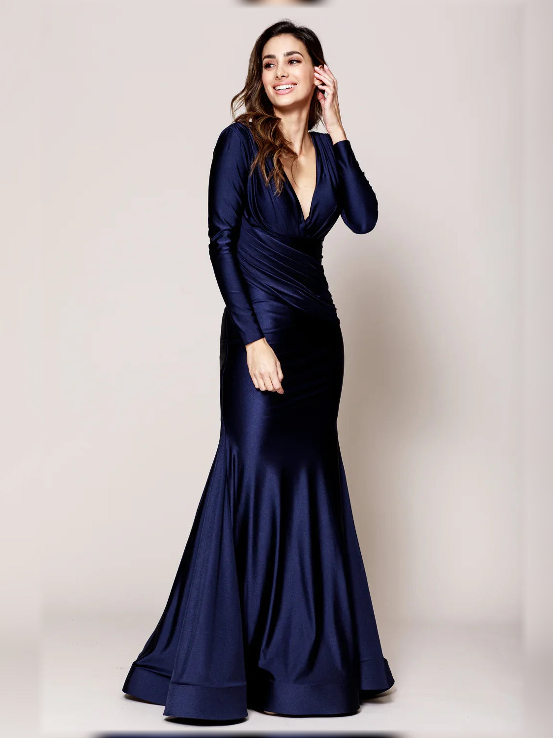 Floor-length ruched V-neck long-sleeve formal dress in navy satin