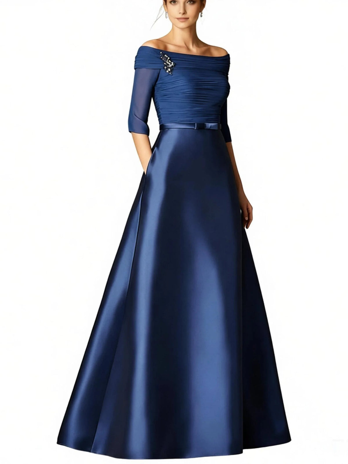 Navy off-shoulder satin A-line dress with embellished neckline and 3/4 sleeves
