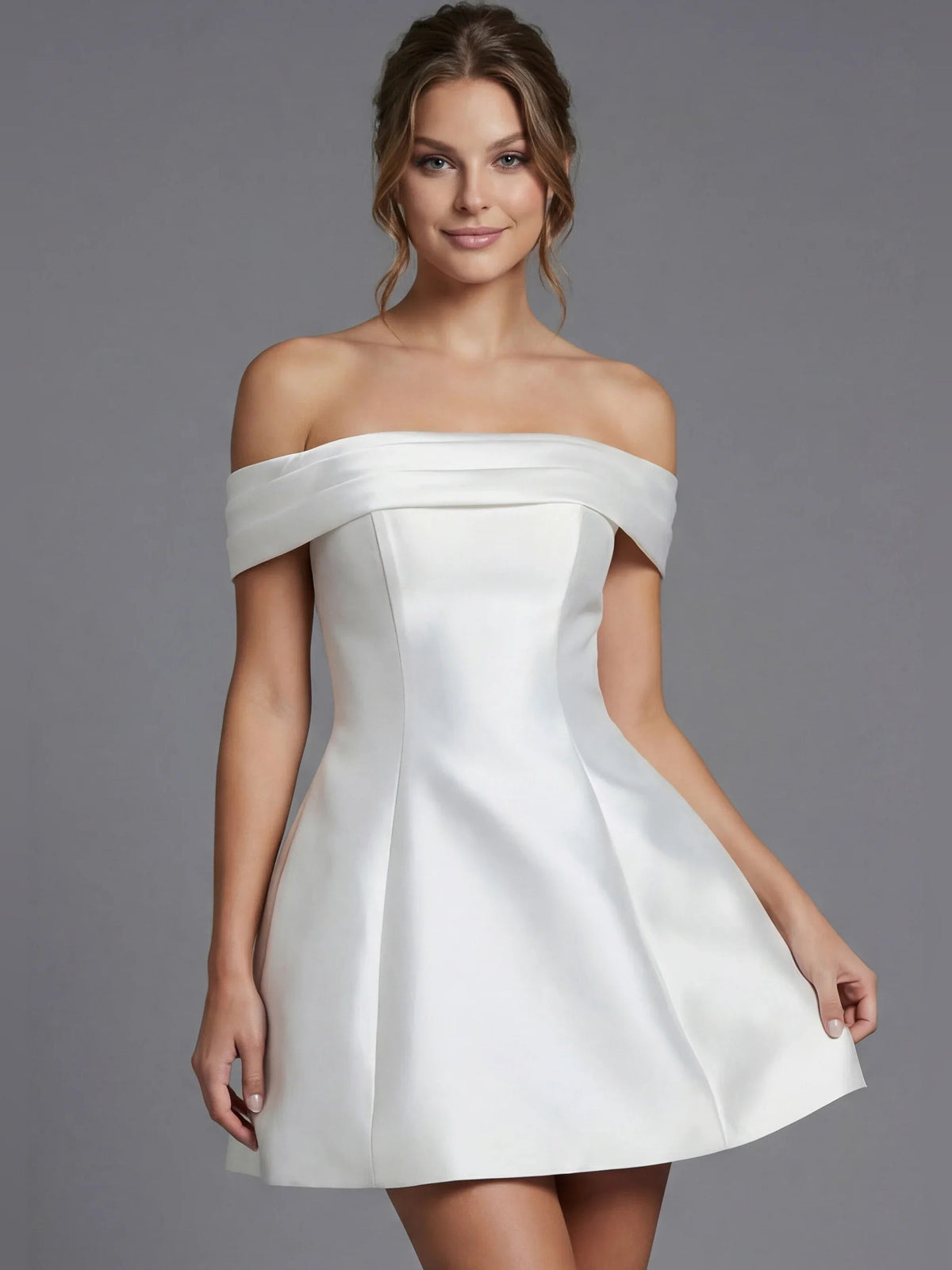 Ivory satin off-shoulder mini dress with wide neckline and A-line skirt