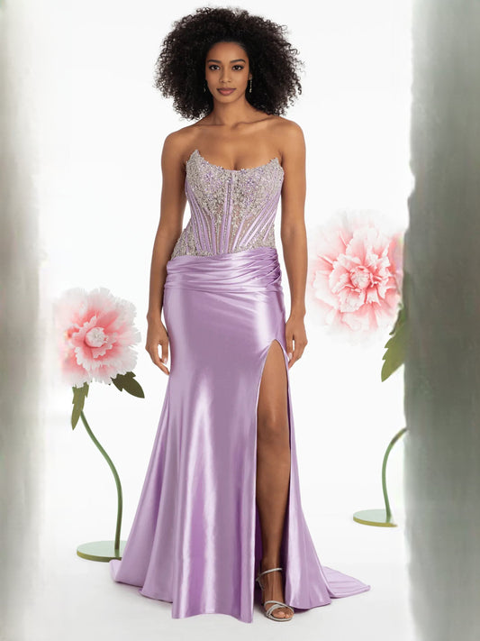Lavender satin mermaid formal dress with strapless rhinestone corset top and slit skirt
