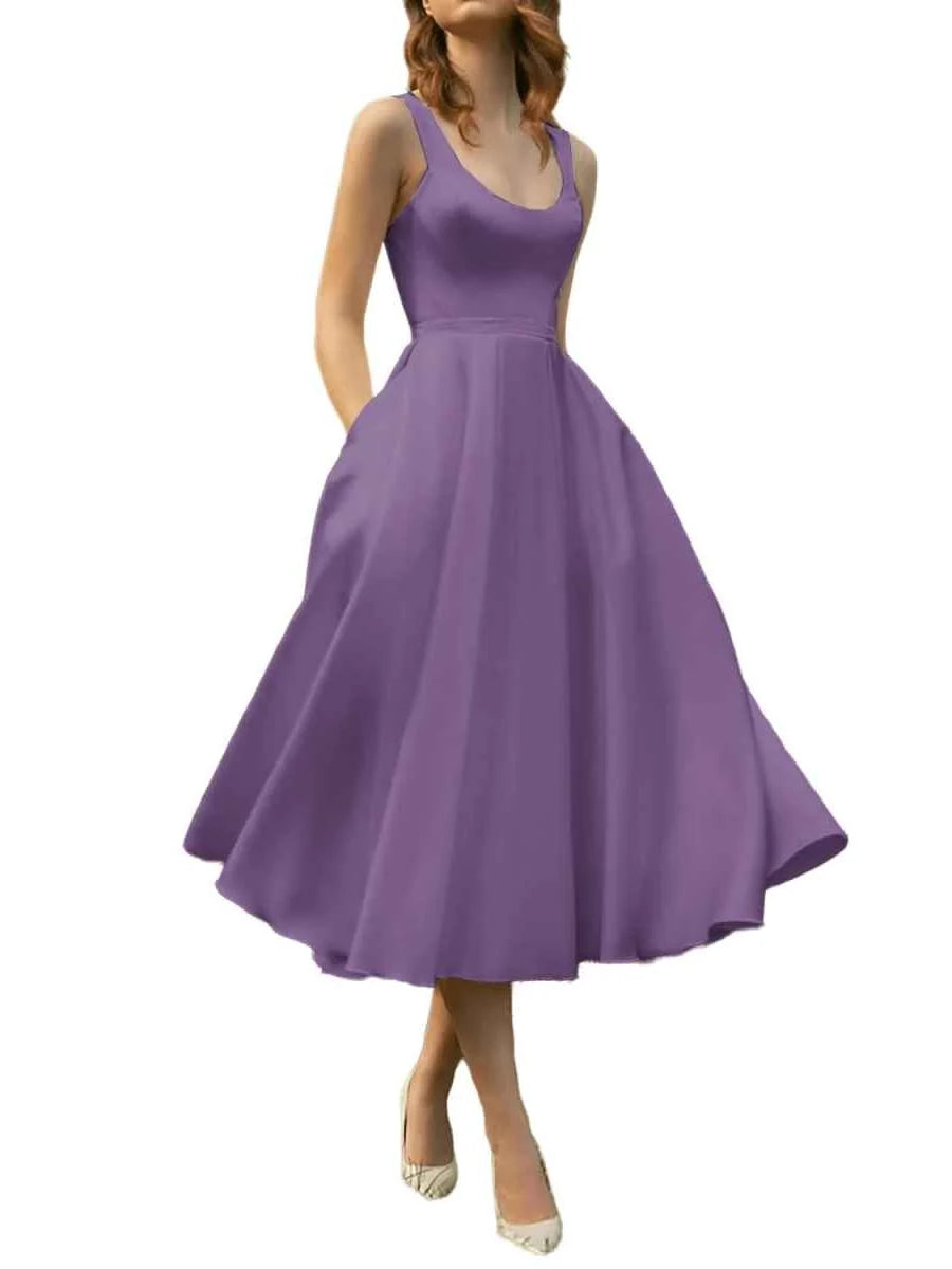 Lavender satin A-line midi bridesmaid dress with scoop neckline and full flared skirt