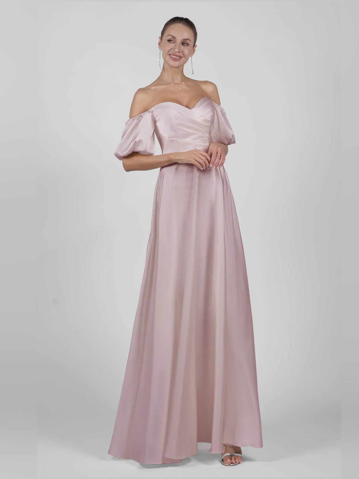 Pearl pink off-shoulder satin A-line maxi wedding dress with puff sleeves