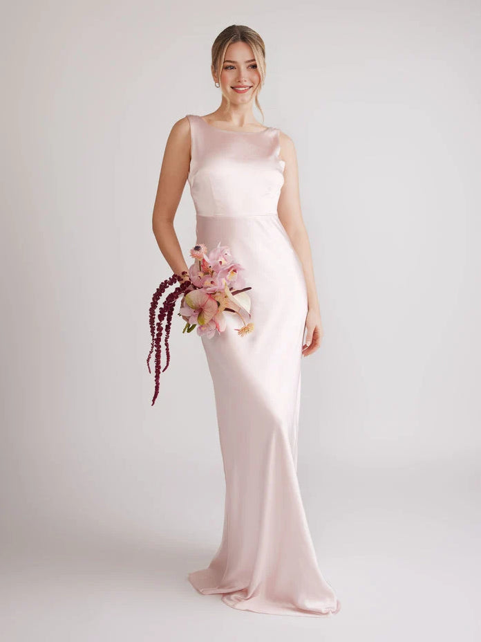 Pearl pink cowl-neck mermaid bridesmaid dress, sleeveless, floor-length, bouquet details