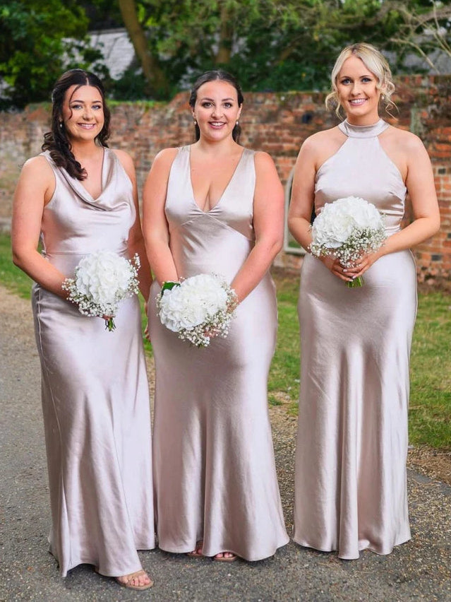 Champagne satin halter neck bridesmaid dresses with cutout neckline, long column