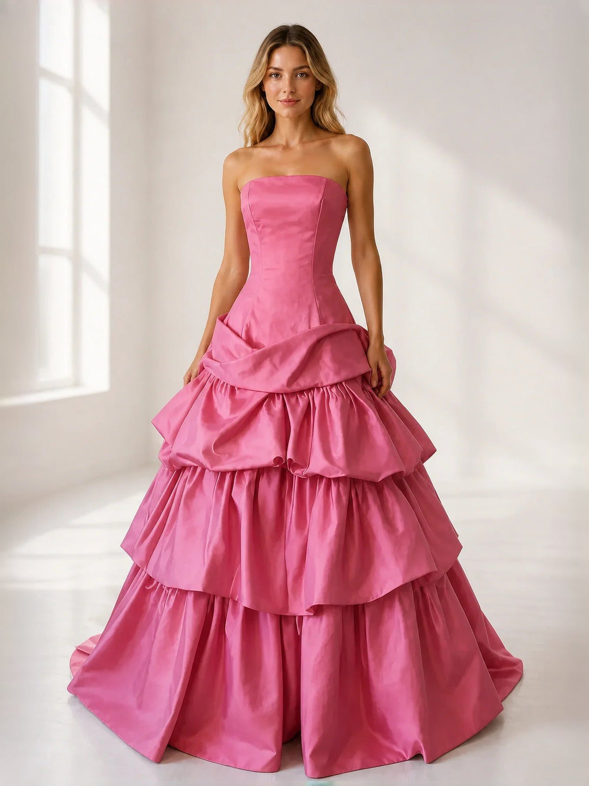 Pink strapless corset bodice satin ball gown with tiered ruffled floor-length skirt