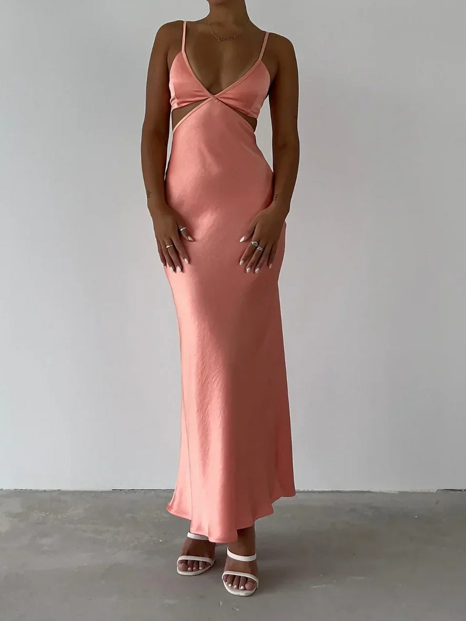 Pink satin V-neck formal maxi dress with spaghetti straps and draped front silhouette