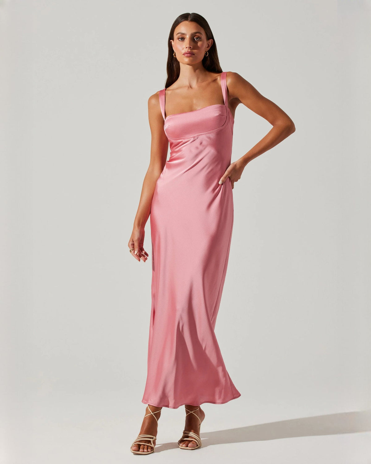Pink satin sleeveless A-line maxi bridesmaid dress with square neckline