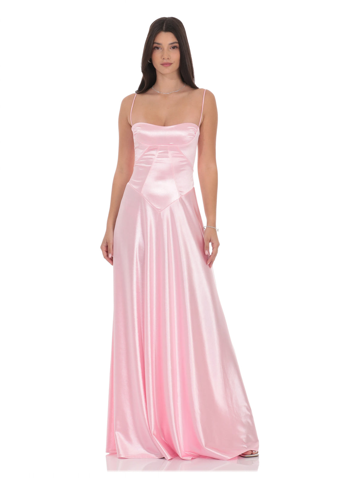 Pink satin A-line maxi dress with gathered corset bodice and square neckline