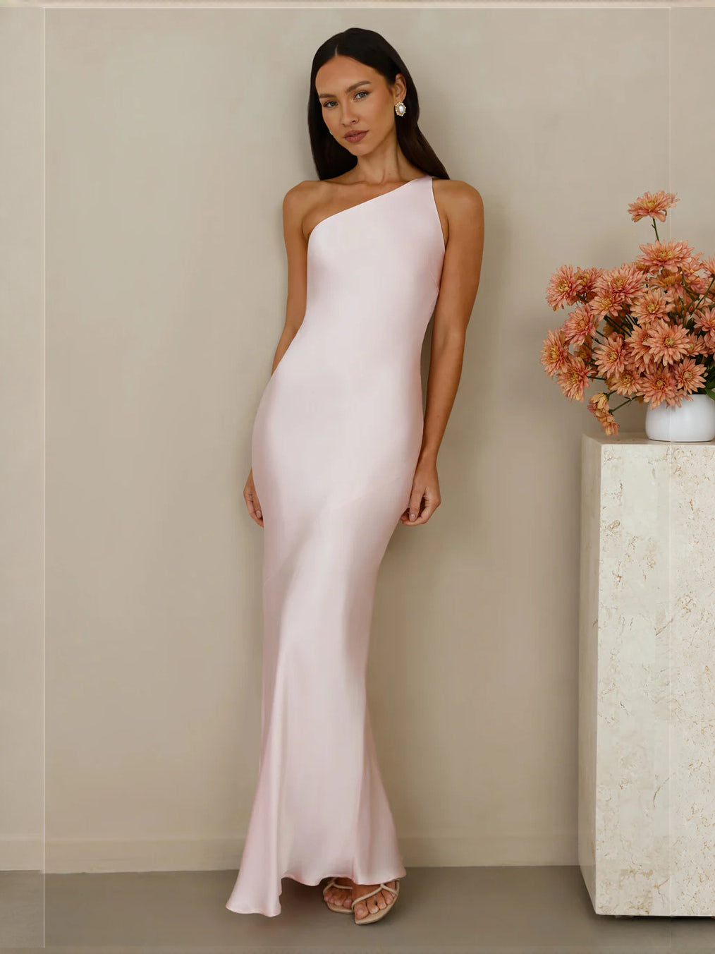 Pink one-shoulder satin sheath maxi dress, sleek fitted silhouette