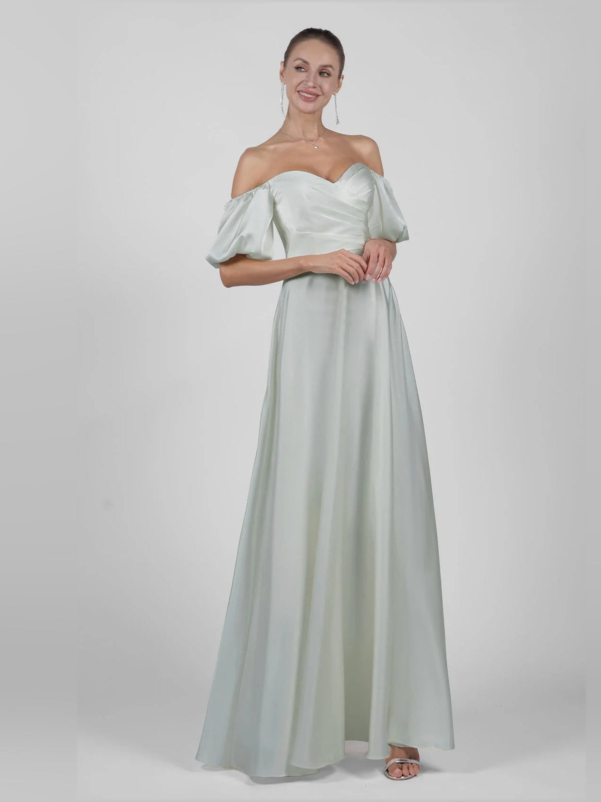 Powder blue off-shoulder satin A-line maxi wedding dress with soft gathers at bodice