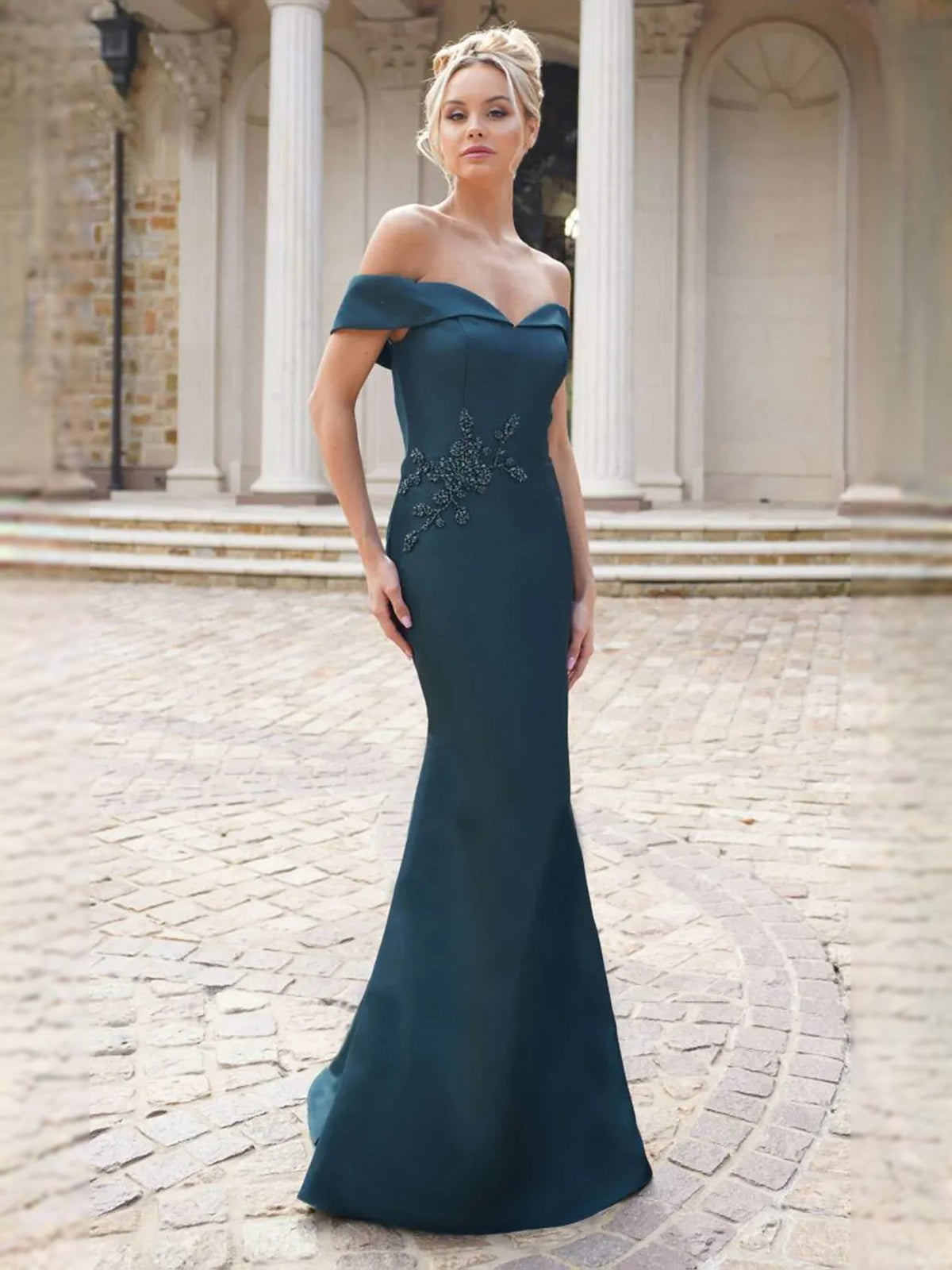 Deep teal off-shoulder mermaid gown with beaded bodice, floor-length formal dress