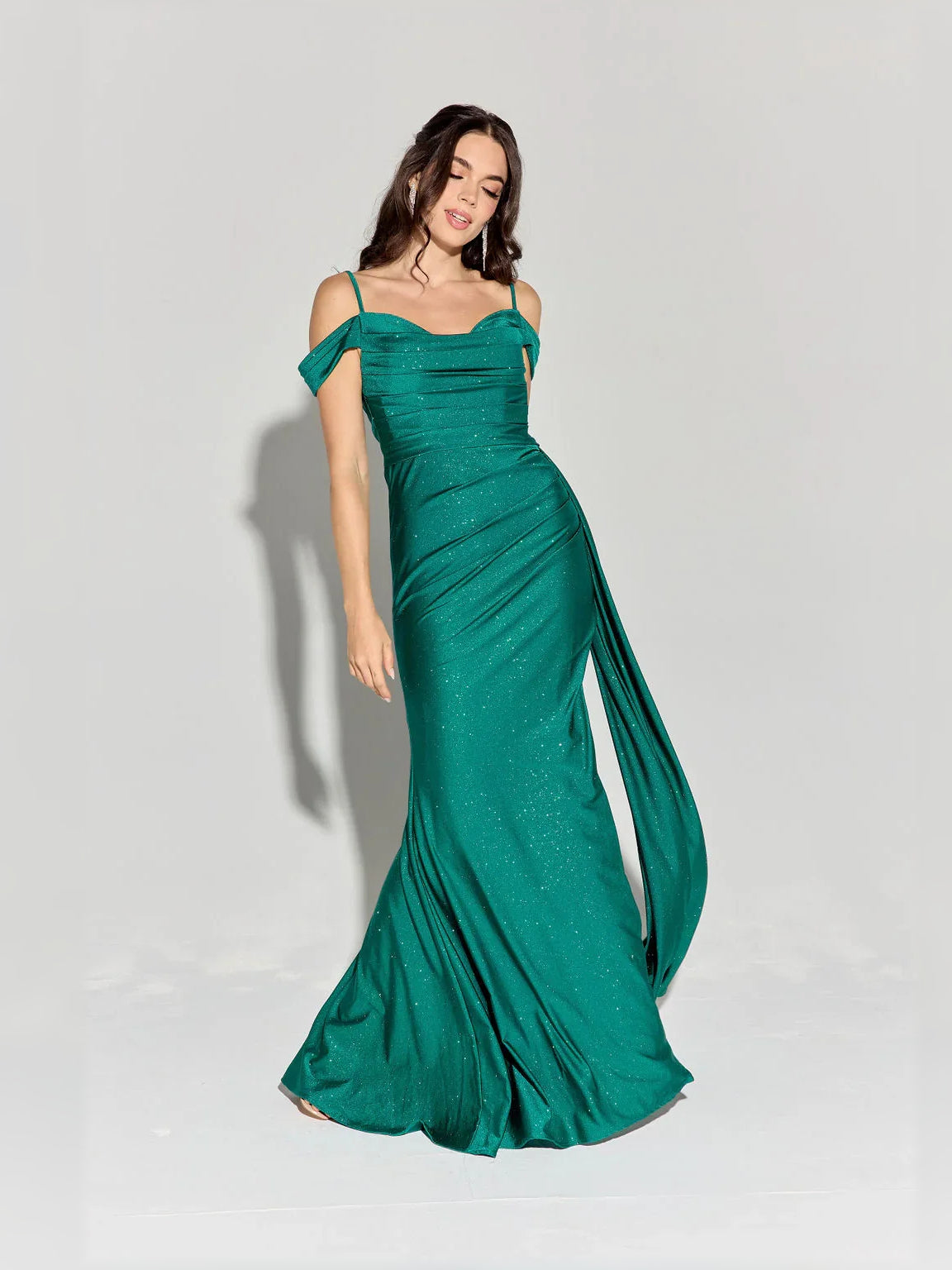 Teal off-the-shoulder ruching floor-length dress with side slit