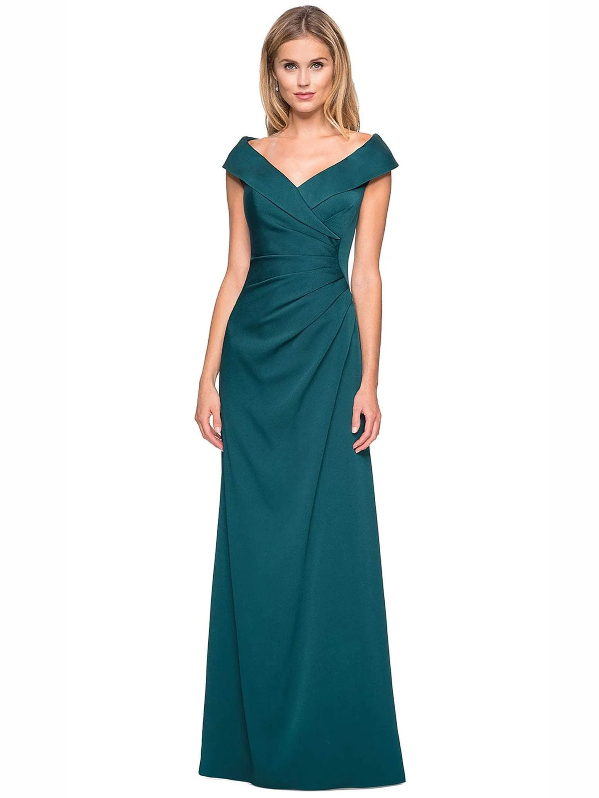 Teal off-shoulder sheath formal dress with ruched wrap bodice and cap sleeves