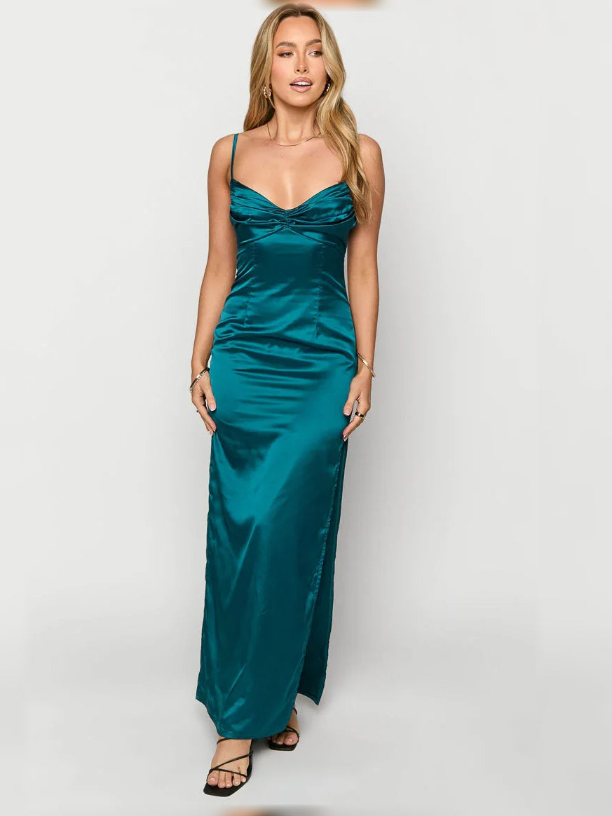 Teal satin V-neck spaghetti strap ruched maxi dress with side leg slit