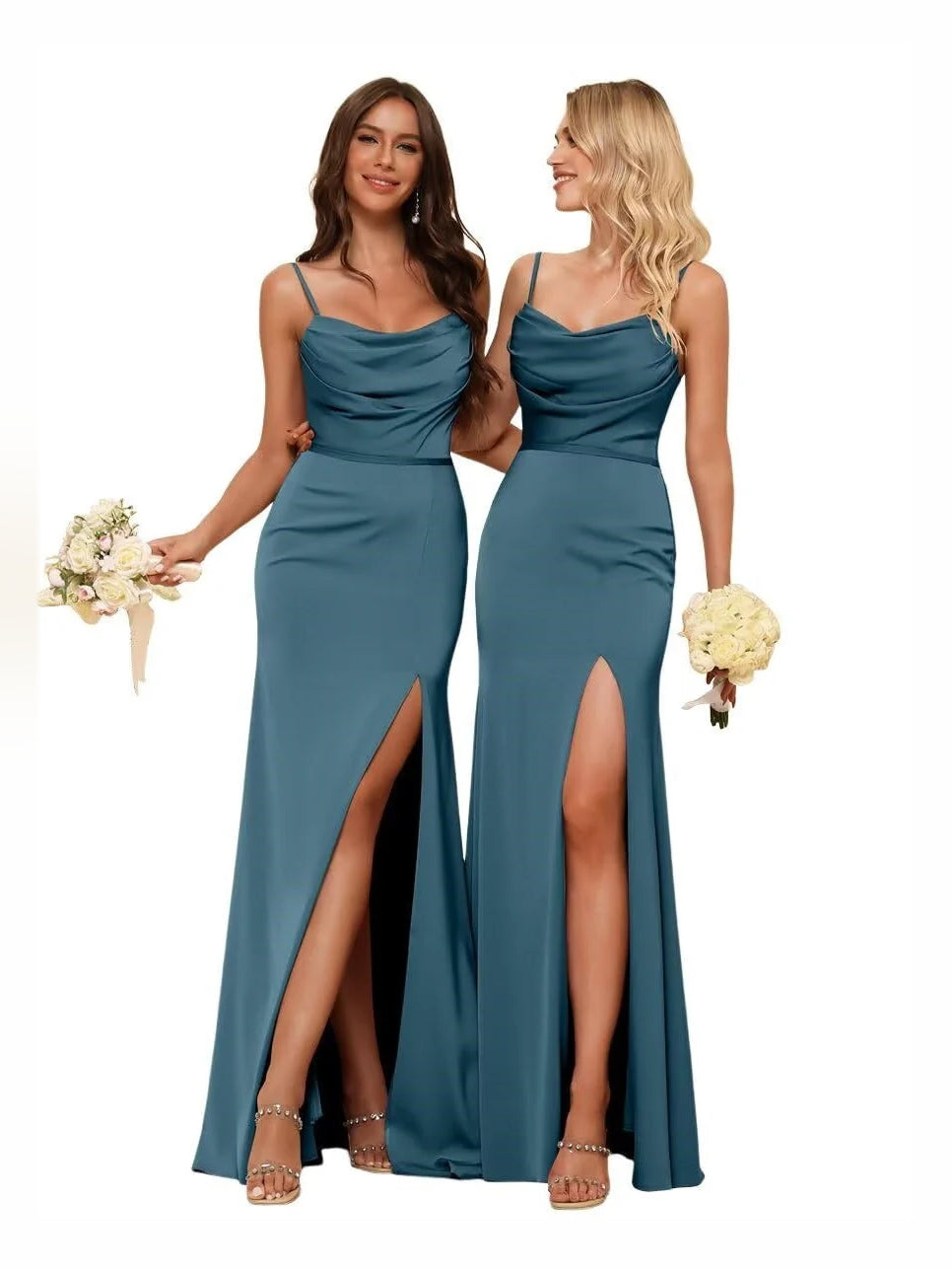 Cowl neck satin bridesmaid dress, sleeveless, deep teal, front slit