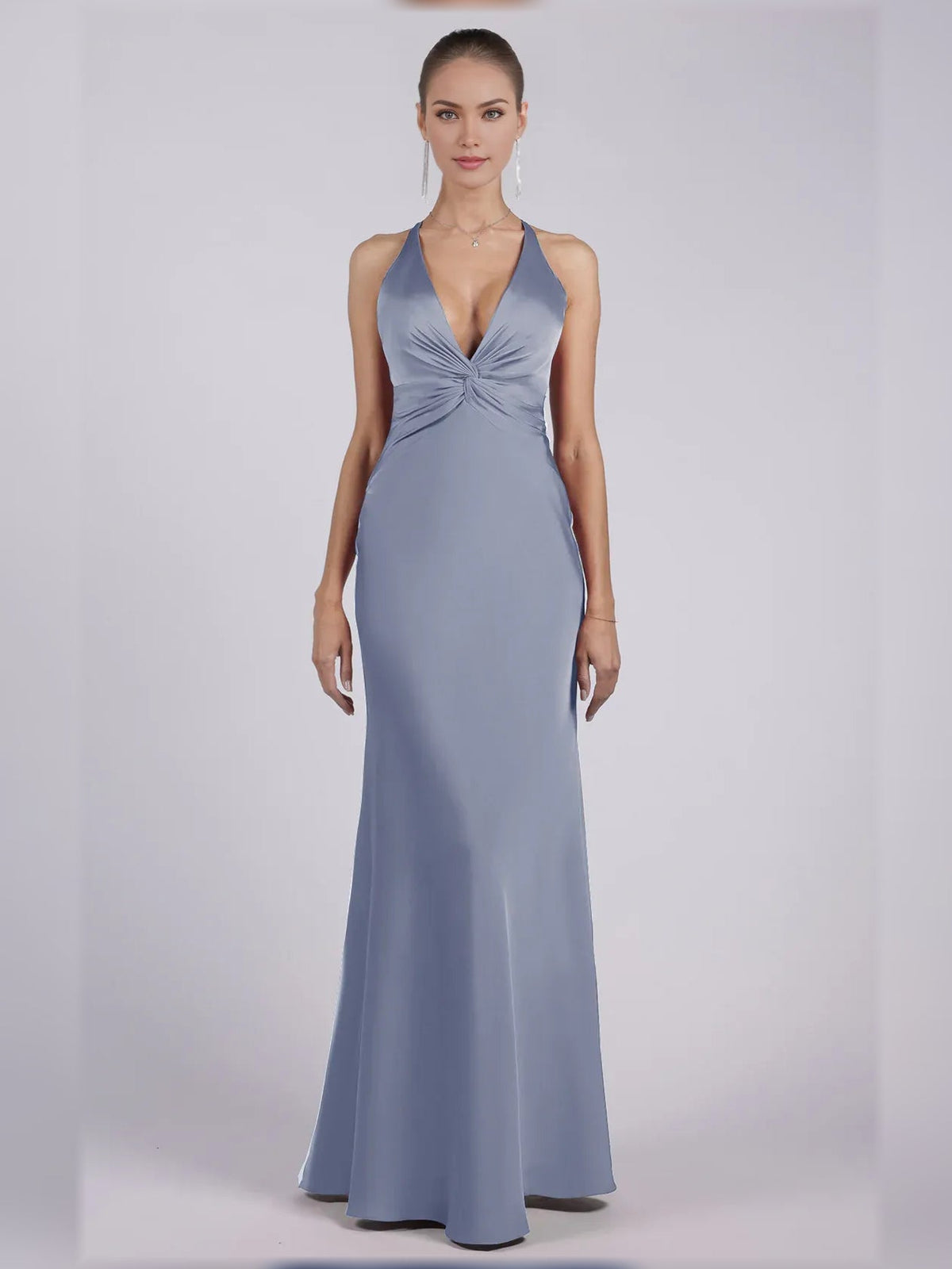 Halter-neck satin sheath formal dress, dusty blue, sleeveless, floor-length