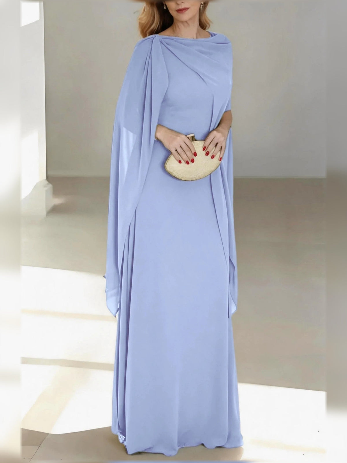Dusty blue draped V-neck A-line chiffon mother of the bride dress, floor-length