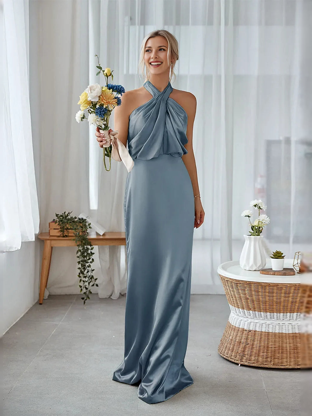 Dusty blue satin halter mermaid dress with draped bodice, floor length