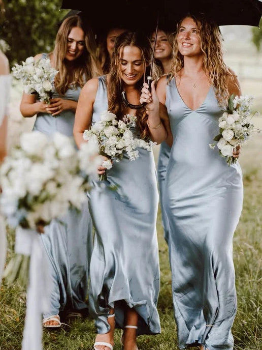 Dusty blue satin V-neck sheath maxi dress, sleeveless with draped waist detail.