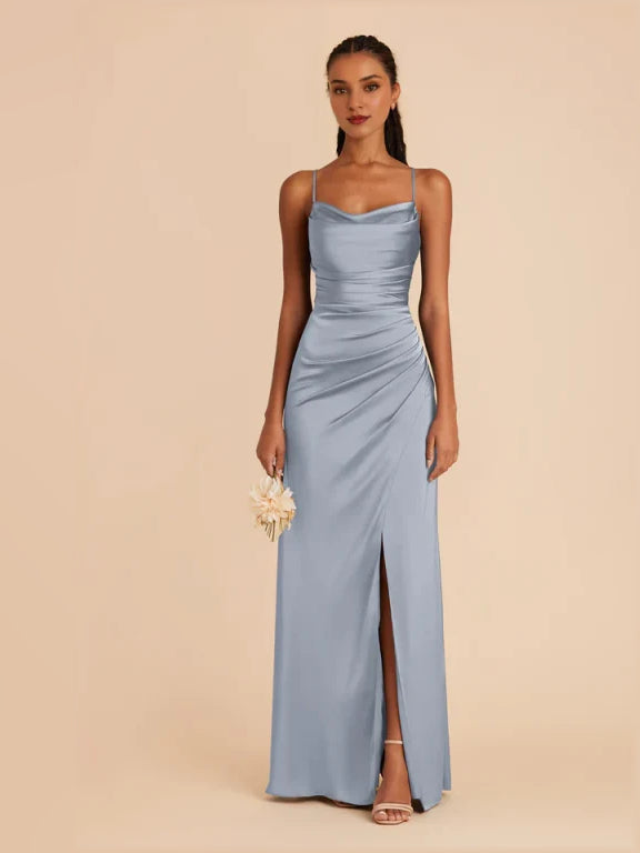 Dusty blue ruched cowl-neck maxi satin dress with side slit and spaghetti straps