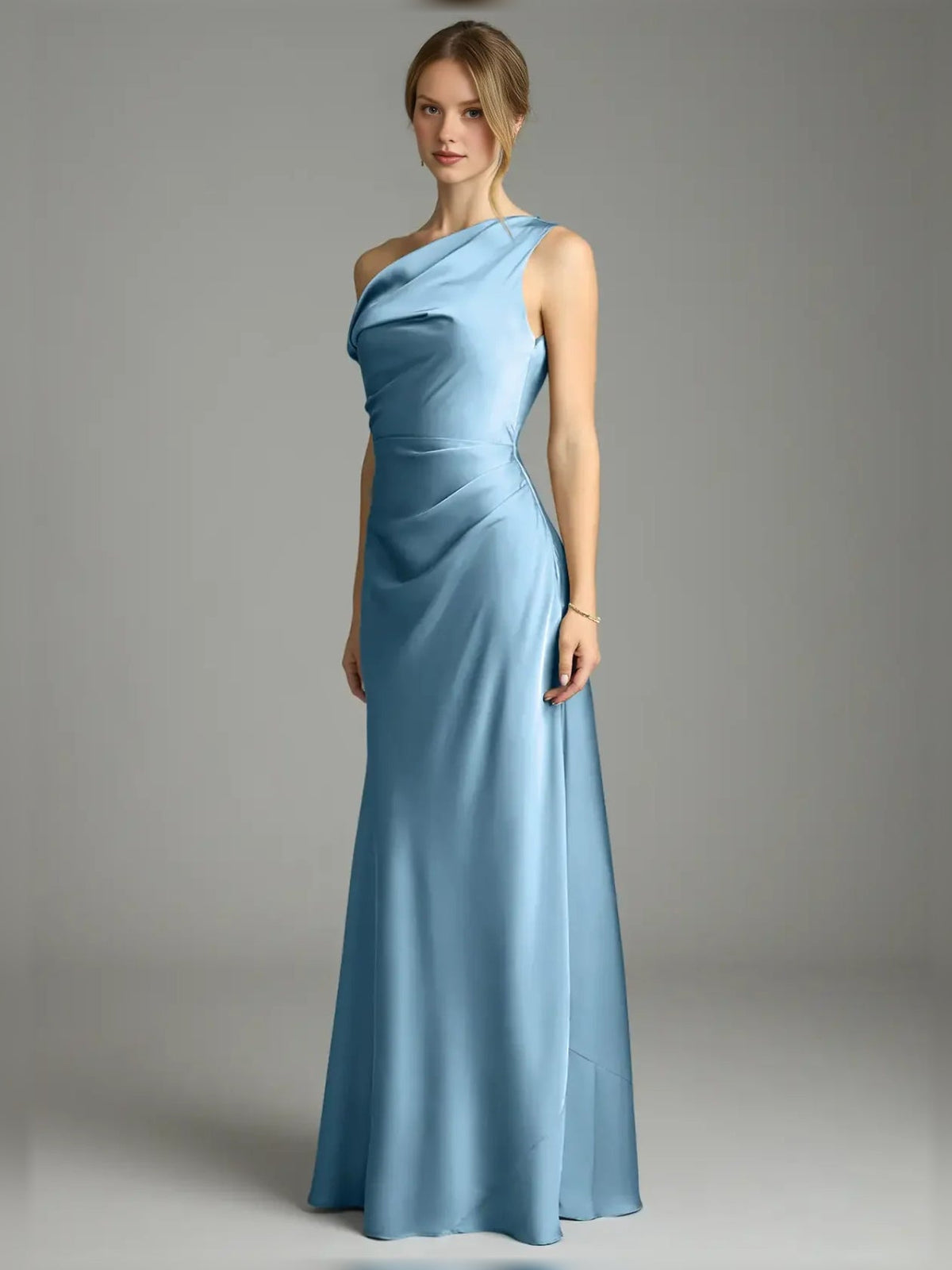 Light blue off-shoulder satin mermaid gown with pleated bodice, sleeveless, floor length