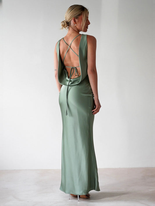 Olive green satin sheath maxi formal dress with open crisscross back and tie