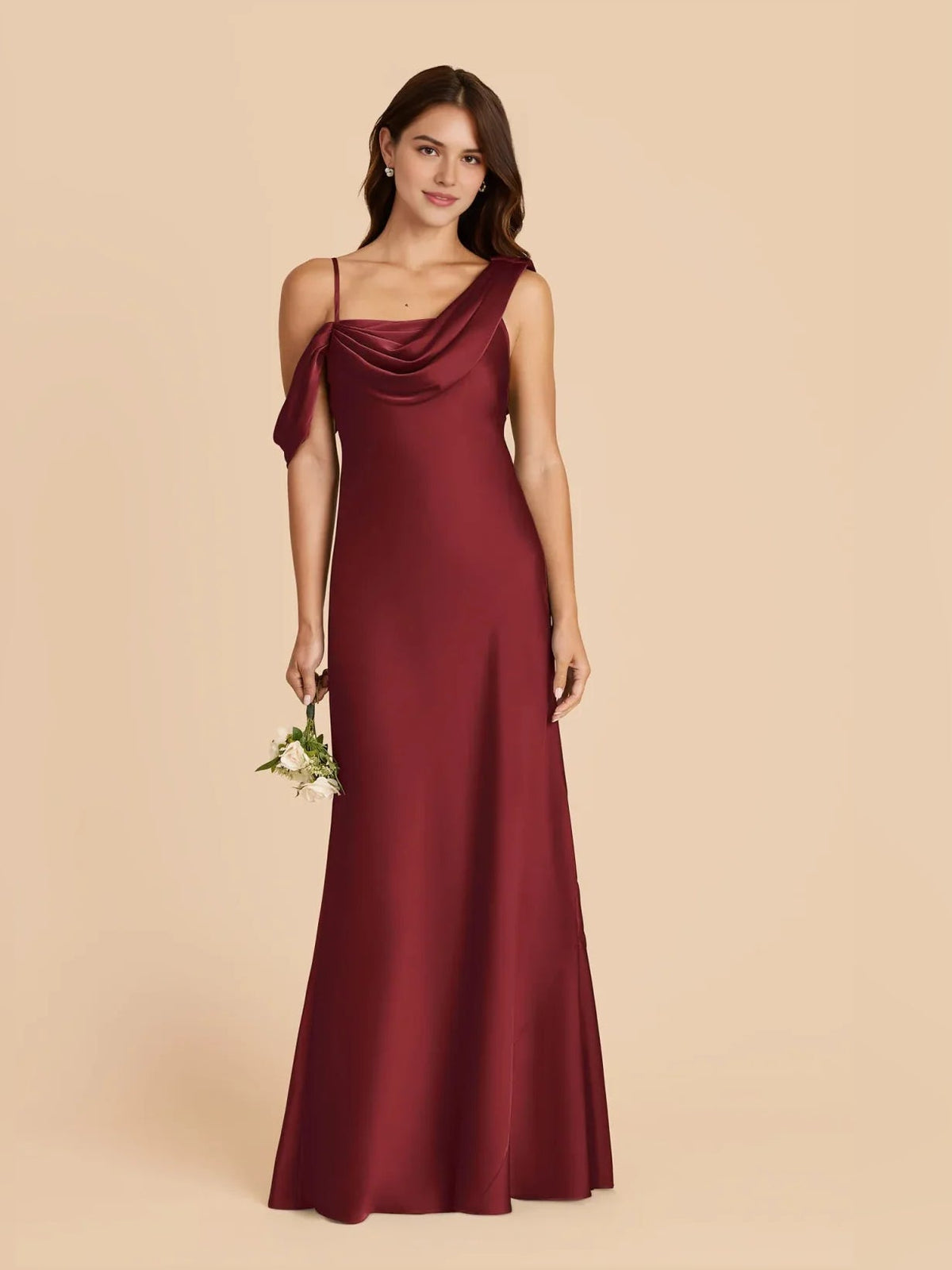 Crimson draped cowl-neck satin maxi with A-line skirt and open-back straps