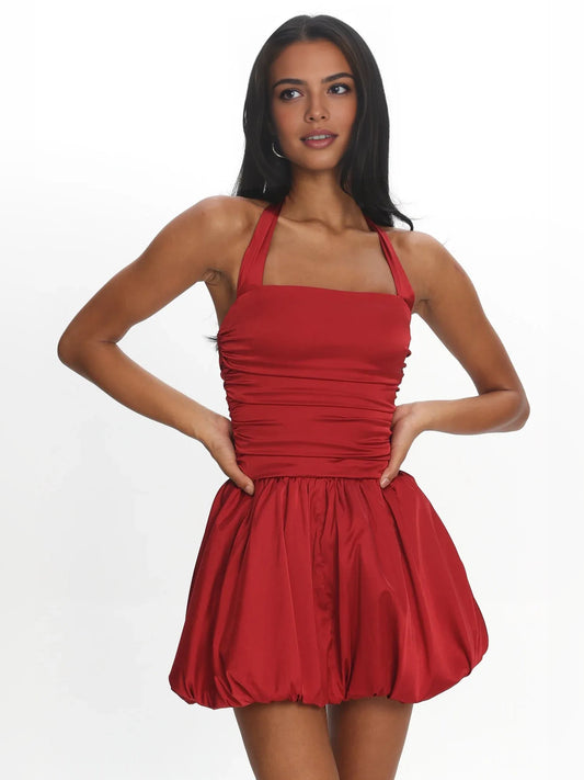 Crimson red satin halter mini dress with ruched bodice and gathered skirt