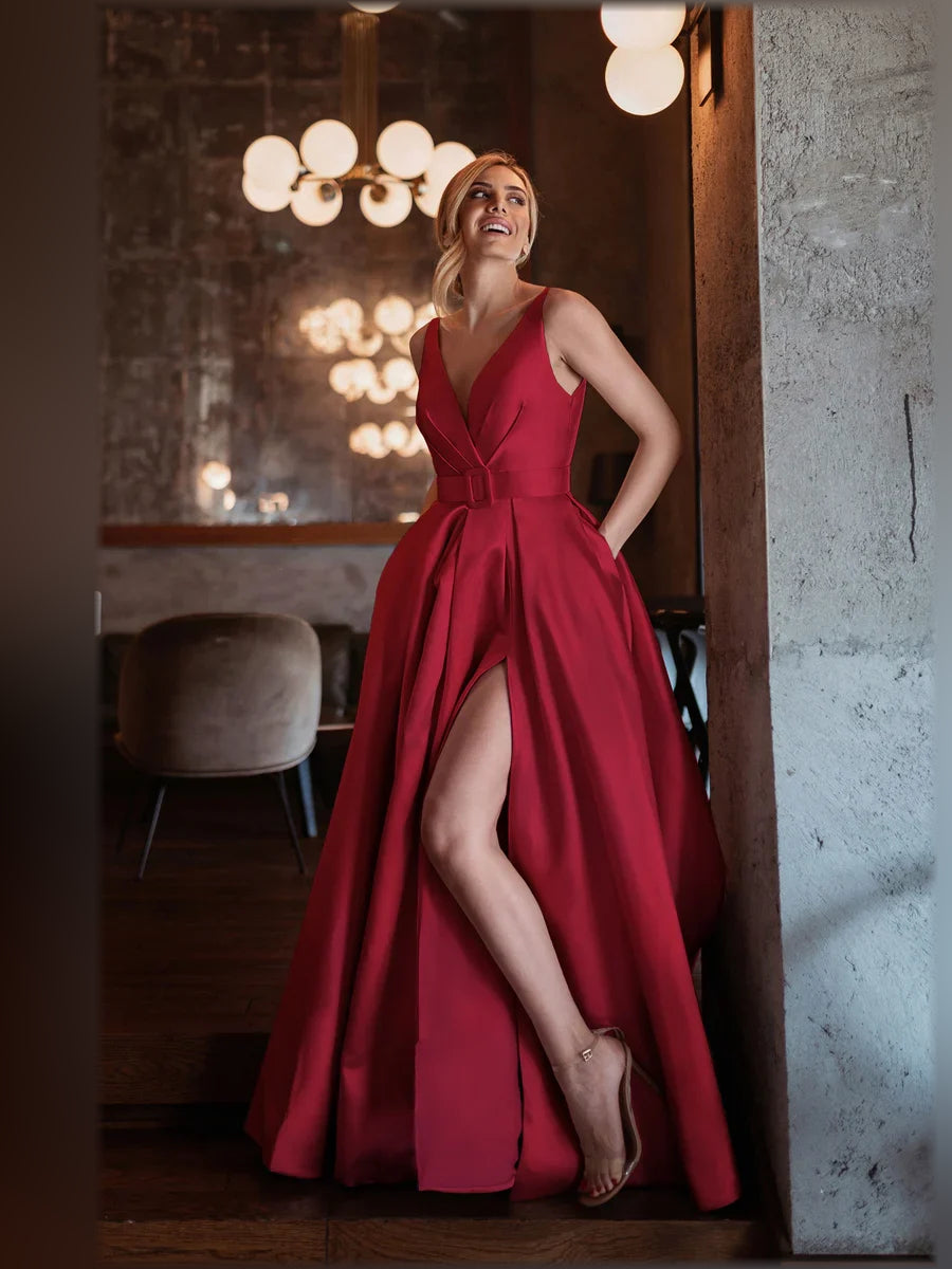 Red V-neck A-line formal dress with side slit, floor-length skirt