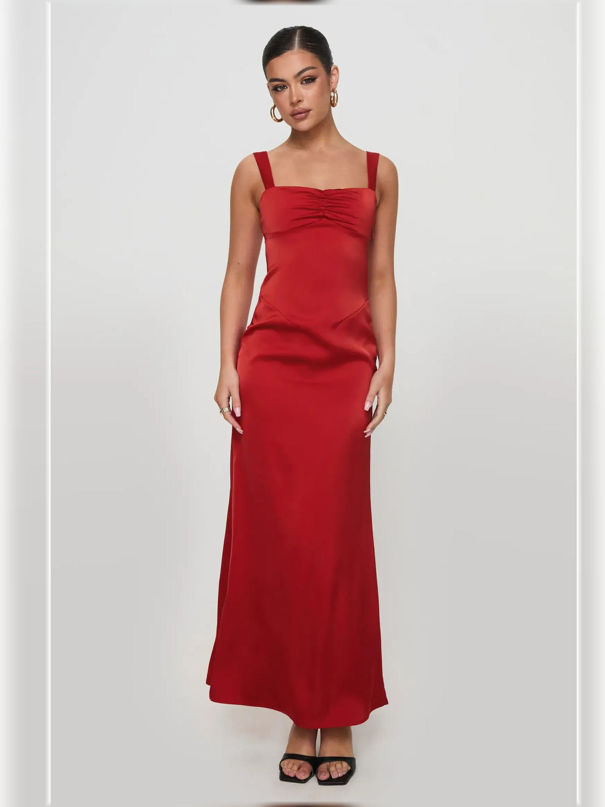 Red square-neck ruched slip midi dress with gathered waist and spaghetti straps